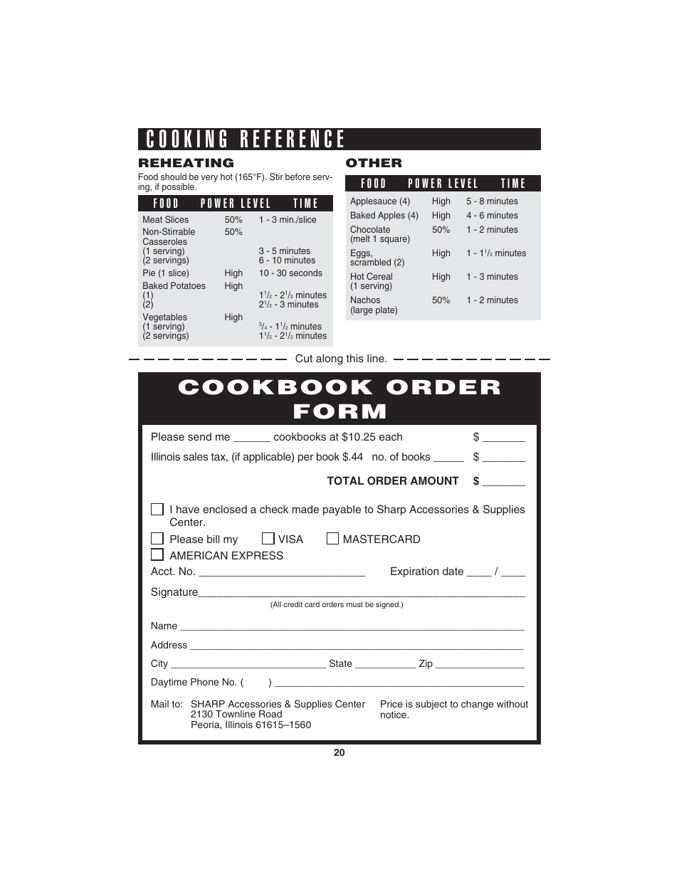 Cookbook order form, Reheating, Other | Sharp R-220KW(D) User Manual | Page 22 / 24