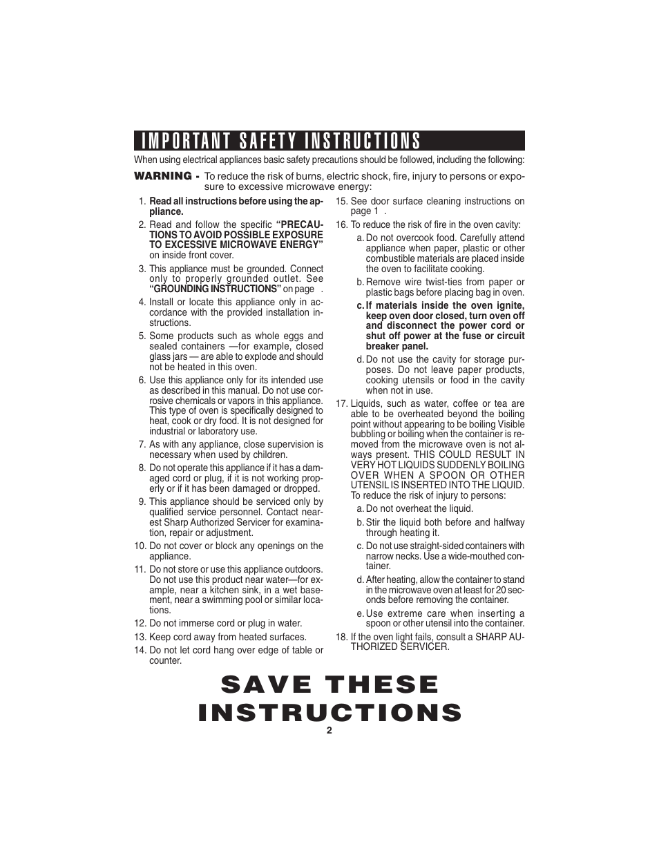 Save these instructions | Sharp R-220KW(D) User Manual | Page 4 / 24