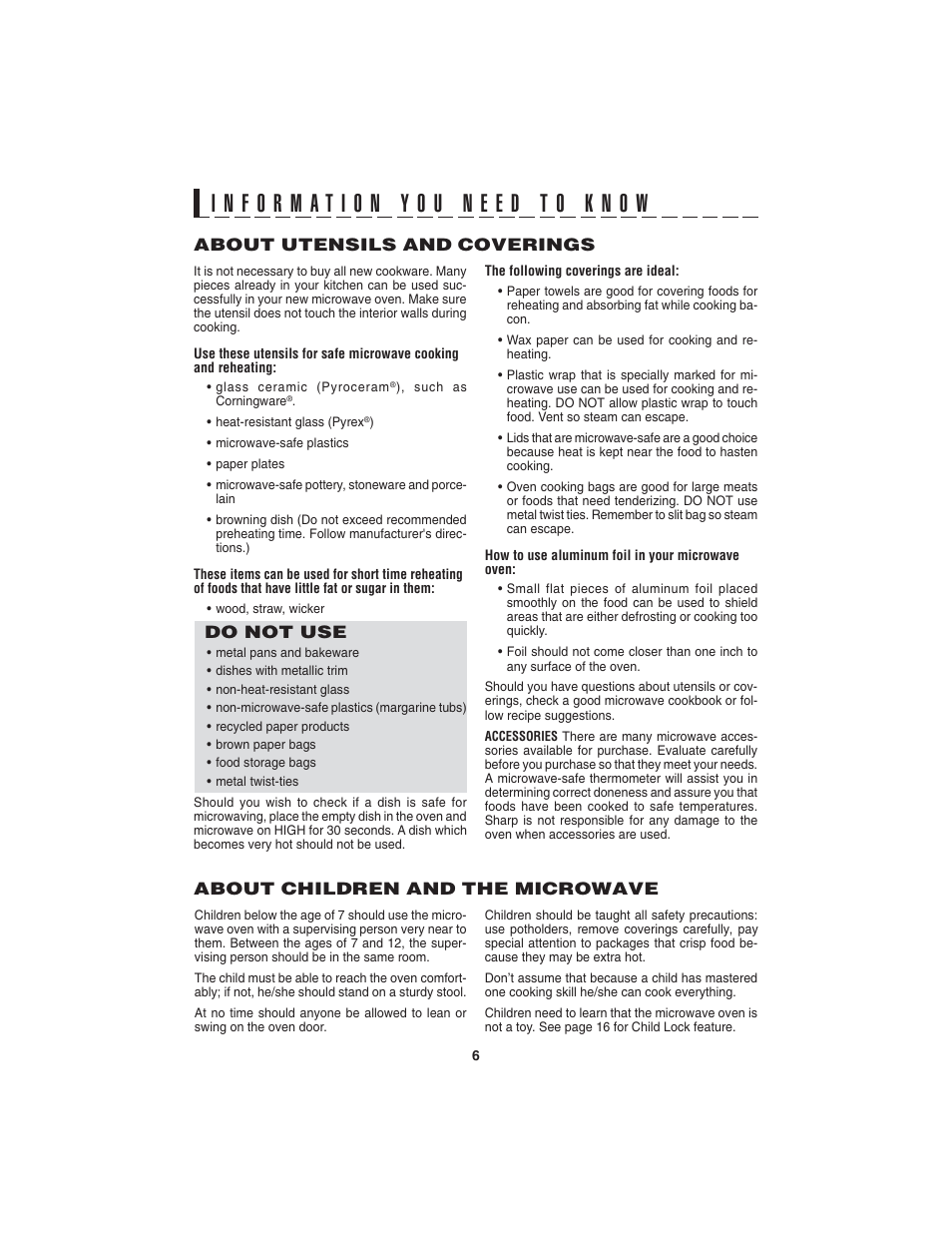 About utensils and coverings, Do not use, About children and the microwave | Sharp R-220KW(D) User Manual | Page 8 / 24