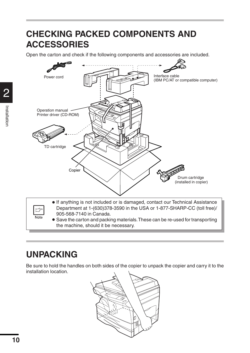 Checking packed components and accessories, Unpacking | Sharp AL-1551 User Manual | Page 12 / 54