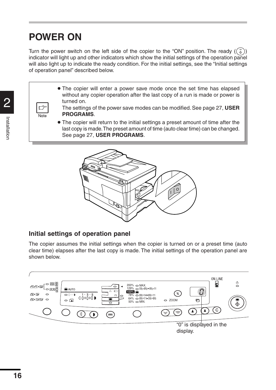 Power on, Initial settings of operation panel, 0” is displayed in the display | Installation | Sharp AL-1551 User Manual | Page 18 / 54