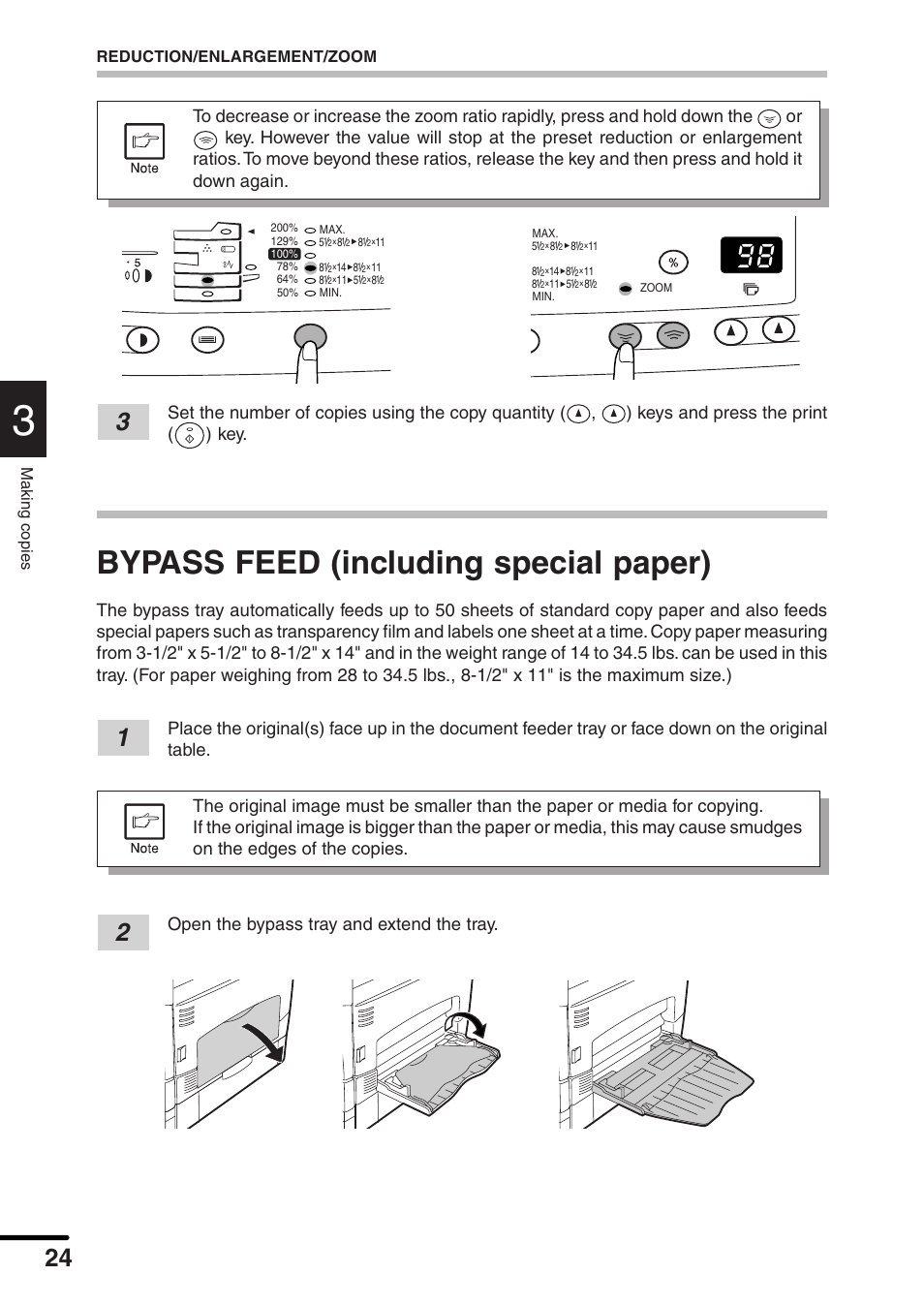 Bypass feed (including special paper), Open the bypass tray and extend the tray, Making copies reduction/enlargement/zoom | Sharp AL-1551 User Manual | Page 26 / 54