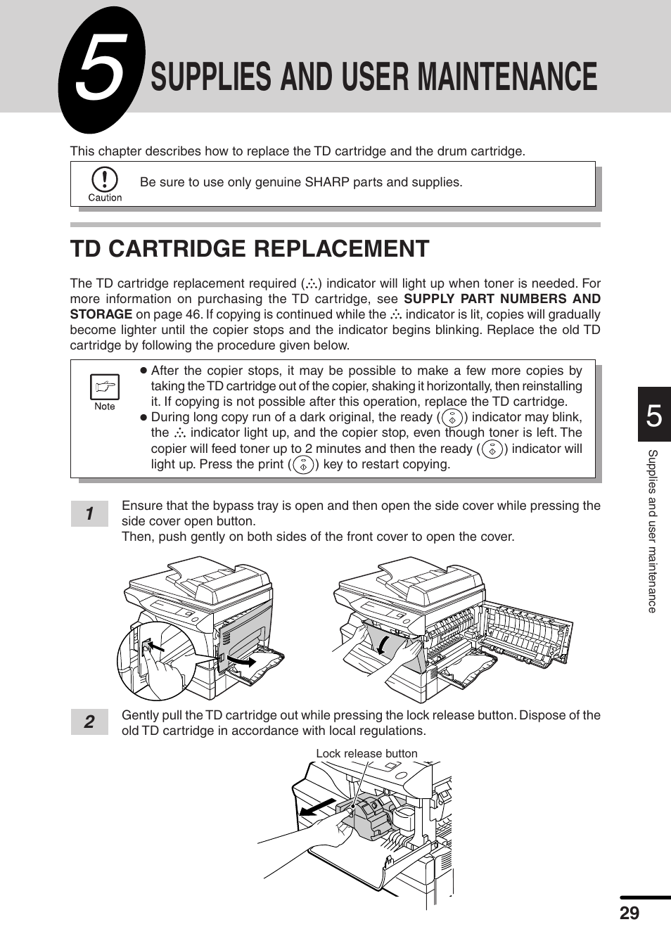 Supplies and user maintenance, Td cartridge replacement | Sharp AL-1551 User Manual | Page 31 / 54