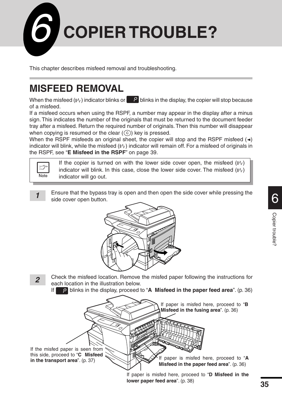 Copier trouble, Misfeed removal | Sharp AL-1551 User Manual | Page 37 / 54