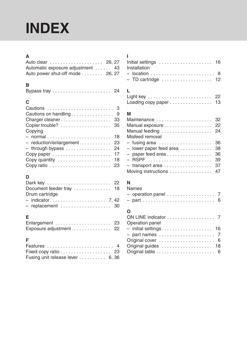 Index | Sharp AL-1551 User Manual | Page 50 / 54