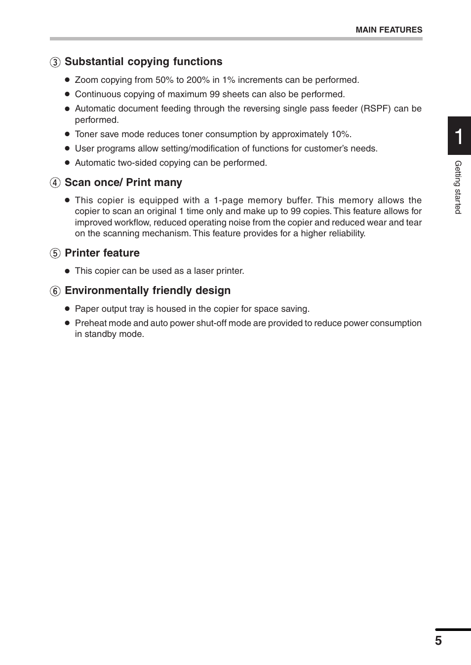 Substantial copying functions, Scan once/ print many, Printer feature | Environmentally friendly design | Sharp AL-1551 User Manual | Page 7 / 54