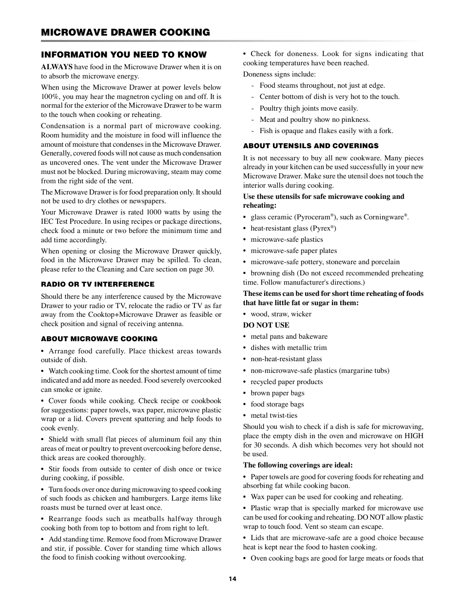 Microwave drawer, Cooking, Microwave drawer cooking | You need to know | Sharp KB-5121K User Manual | Page 14 / 32