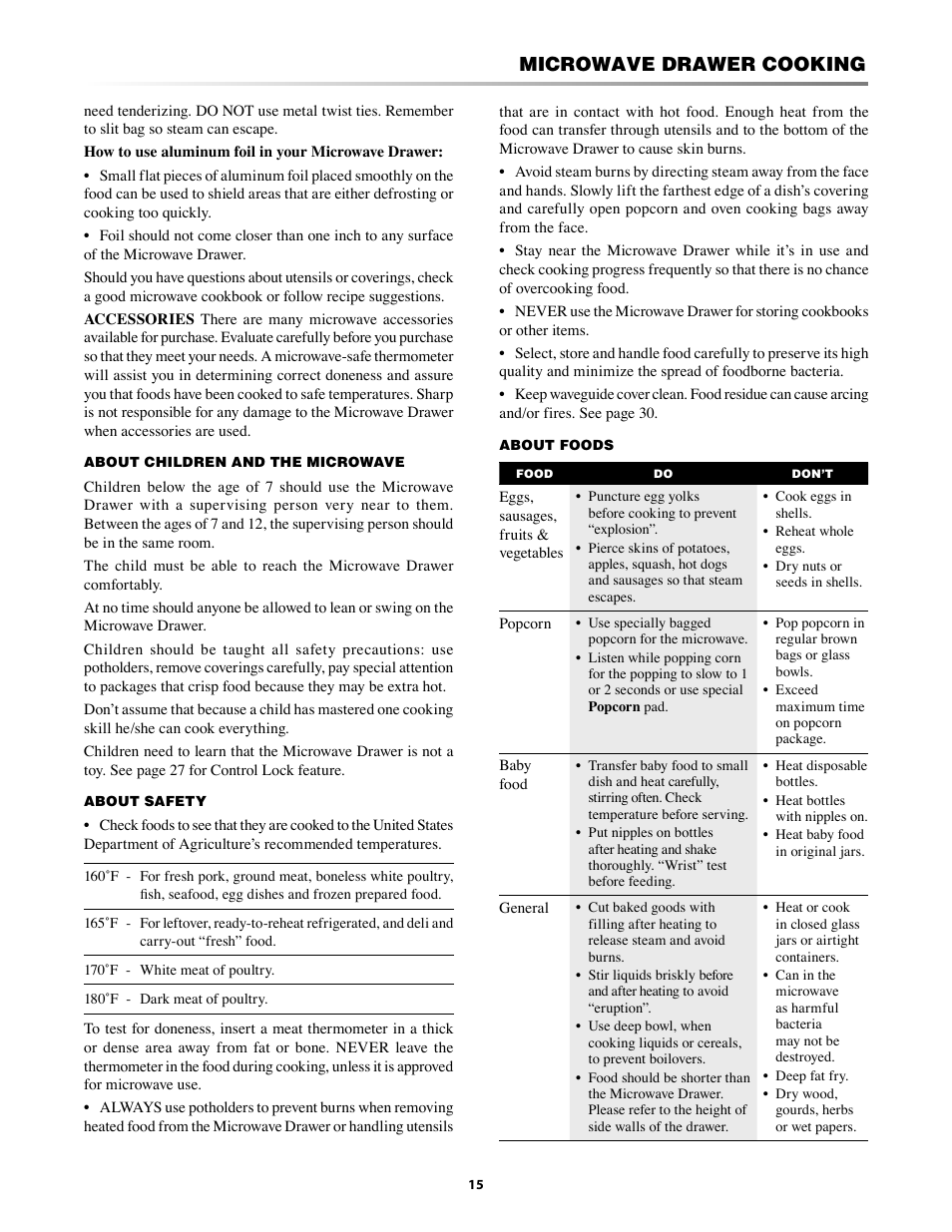 Microwave drawer cooking | Sharp KB-5121K User Manual | Page 15 / 32