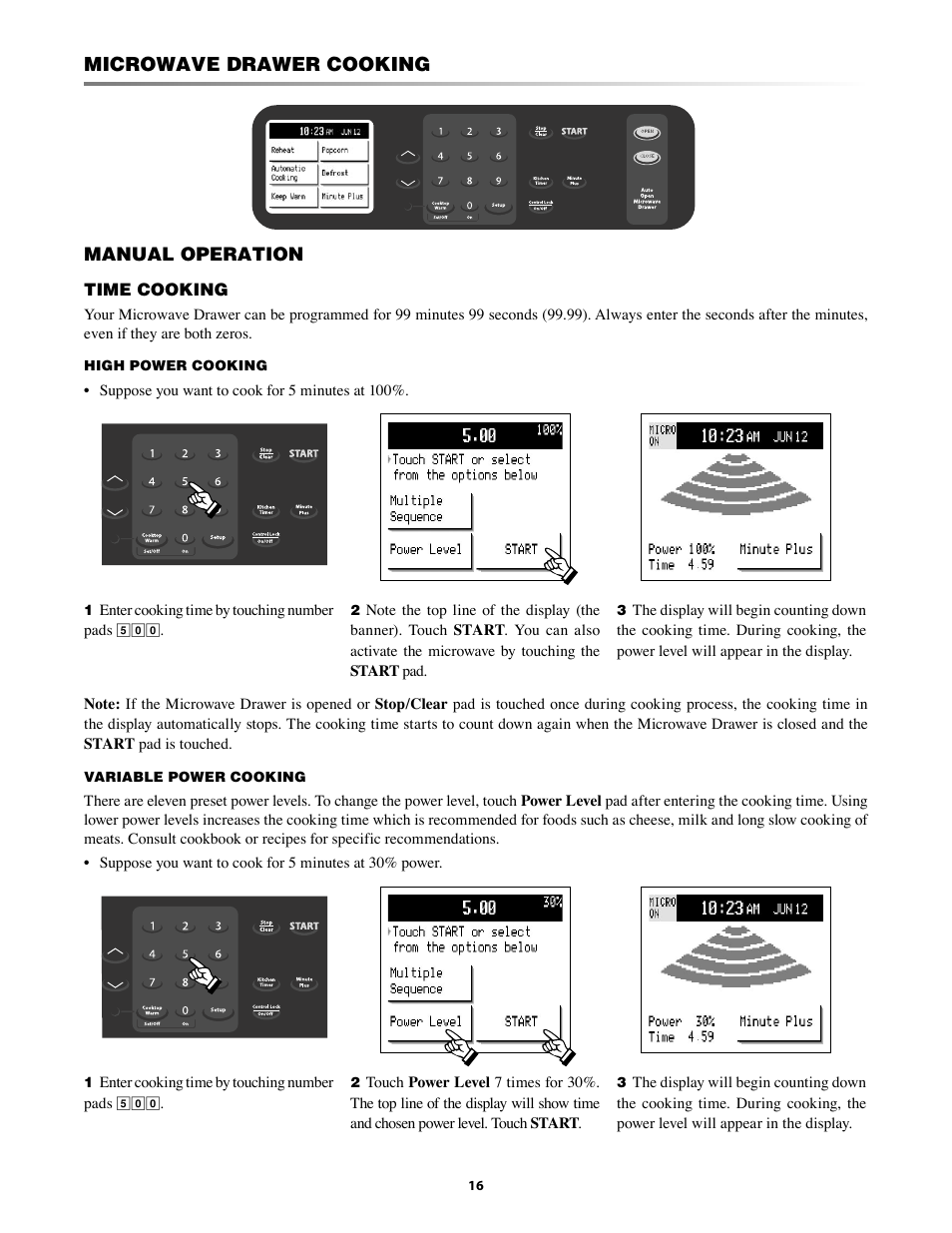 Time cooking to set power level, Settings -23, Microwave drawer cooking | Sharp KB-5121K User Manual | Page 16 / 32