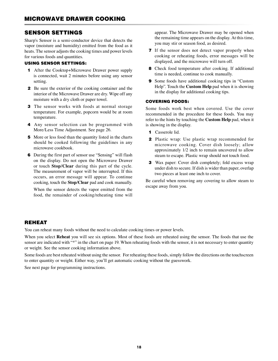 Reheat -19 popcorn, Tic cooking -23, Microwave drawer cooking | Sharp KB-5121K User Manual | Page 18 / 32