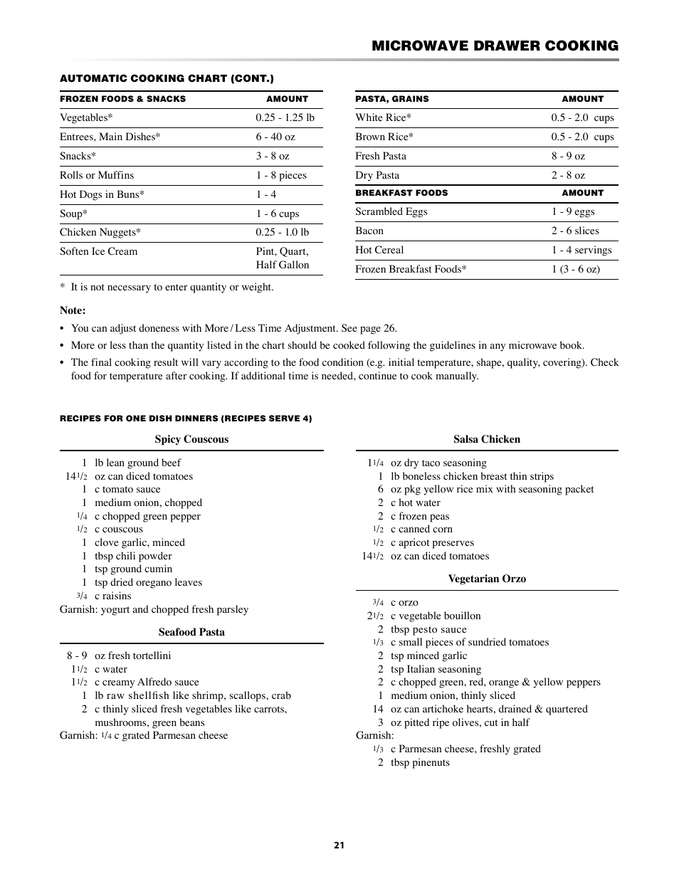 Manual defrost, Tures, More / less time adjustment | Microwave drawer cooking | Sharp KB-5121K User Manual | Page 21 / 32