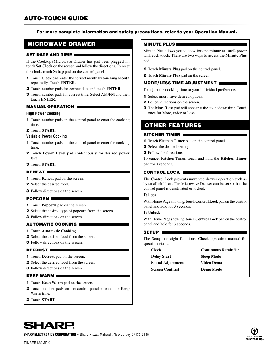 Auto-touch guide, Microwave drawer other features | Sharp KB-5121K User Manual | Page 32 / 32