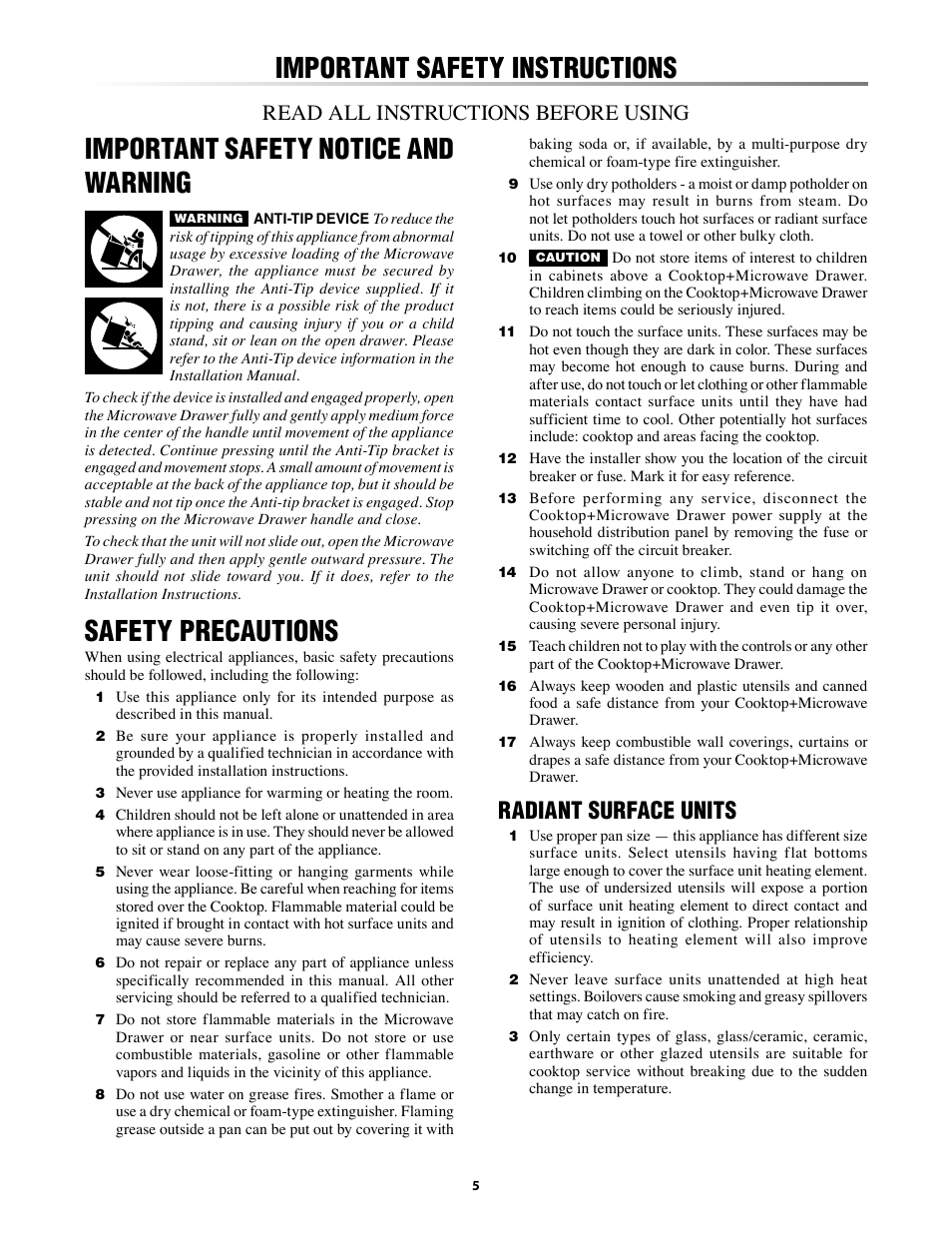 Important safety instructions -7, Ant safety instructions -7, Important safety instructions | Important safety notice and warning, Safety precautions, Radiant surface units, Read all instructions before using | Sharp KB-5121K User Manual | Page 5 / 32