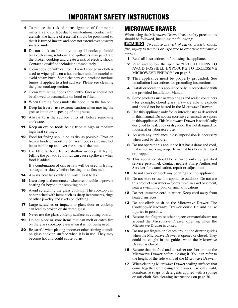 Units -6, Important safety instructions, Microwave drawer | Sharp KB-5121K User Manual | Page 6 / 32