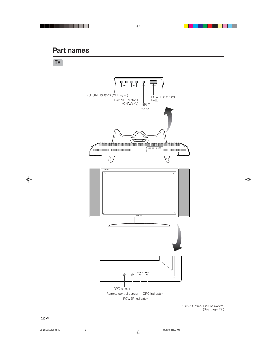 Part names | Sharp Aquos LC-26GA5U User Manual | Page 10 / 62