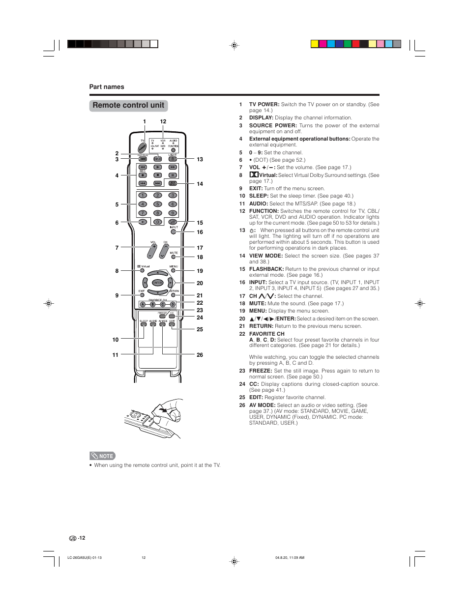 Remote control unit | Sharp Aquos LC-26GA5U User Manual | Page 12 / 62