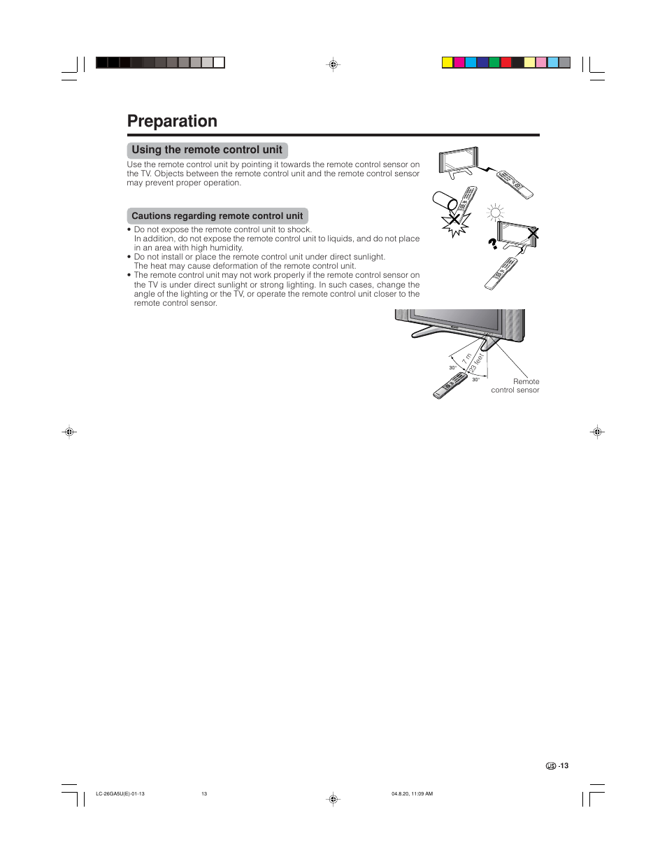 Preparation, Using the remote control unit | Sharp Aquos LC-26GA5U User Manual | Page 13 / 62