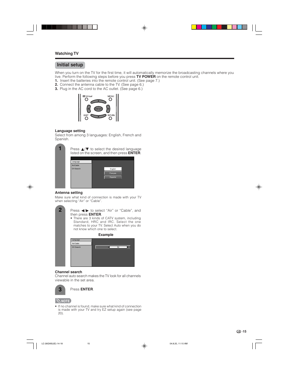 Initial setup, Watching tv | Sharp Aquos LC-26GA5U User Manual | Page 15 / 62