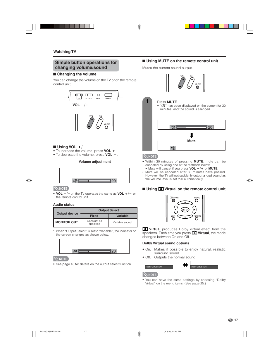 Simple button operations for changing volume/sound | Sharp Aquos LC-26GA5U User Manual | Page 17 / 62