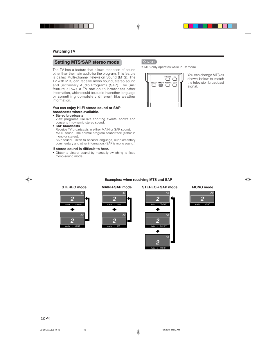 Setting mts/sap stereo mode | Sharp Aquos LC-26GA5U User Manual | Page 18 / 62