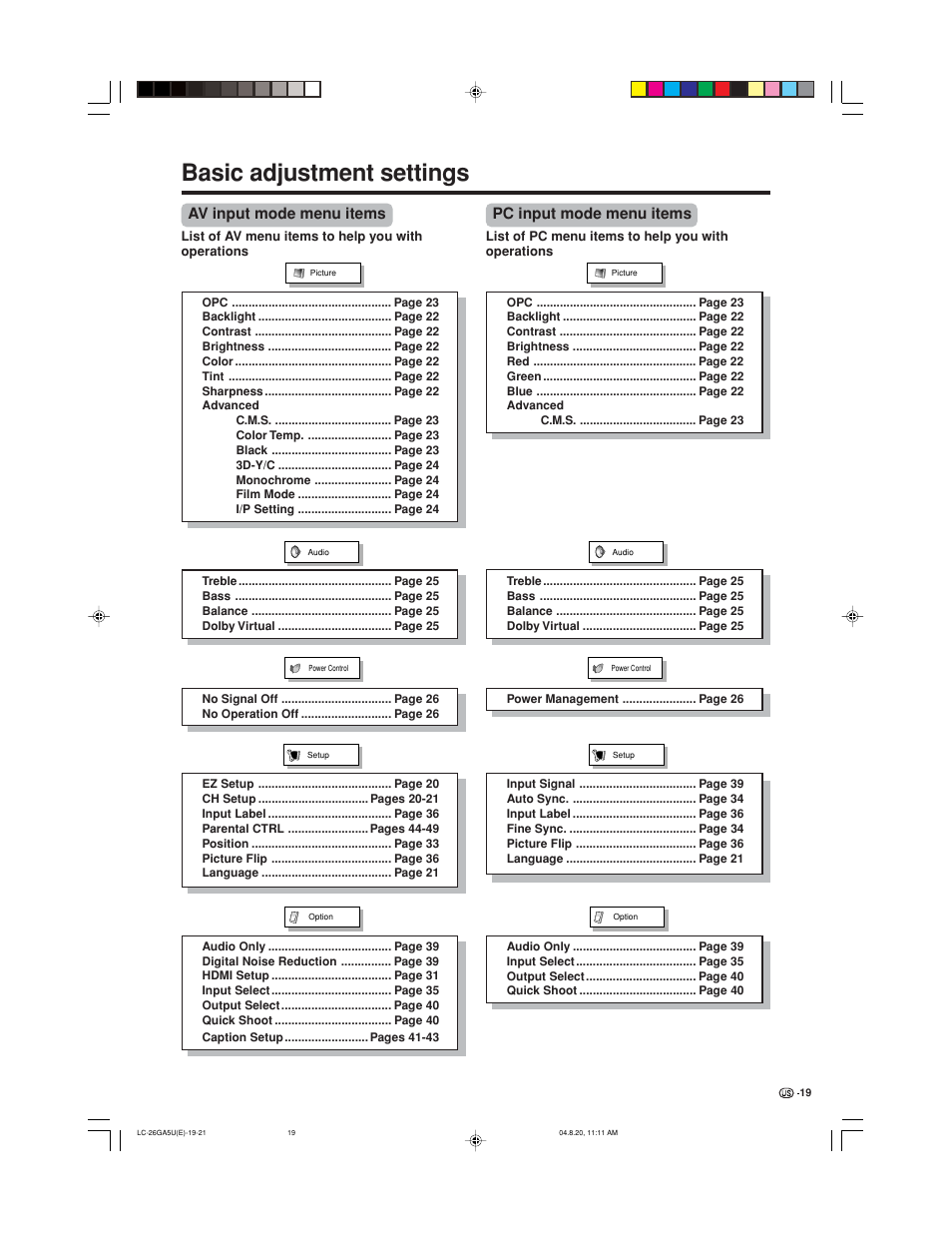 Basic adjustment settings, Av input mode menu items, Pc input mode menu items | Sharp Aquos LC-26GA5U User Manual | Page 19 / 62