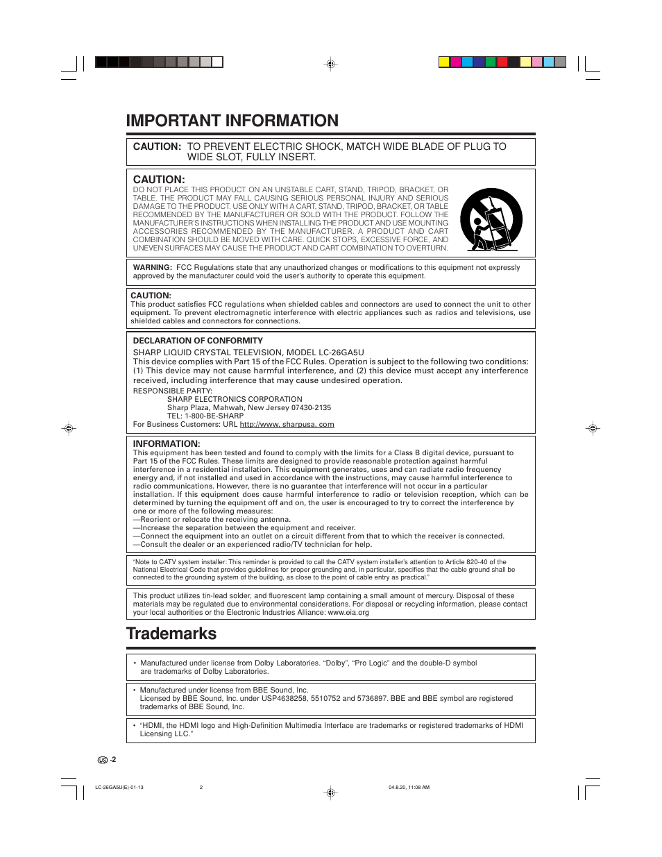 Important information, Trademarks, Caution | Sharp Aquos LC-26GA5U User Manual | Page 2 / 62
