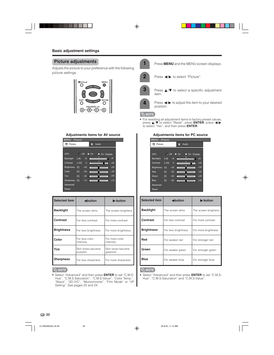 Picture adjustments, Basic adjustment settings | Sharp Aquos LC-26GA5U User Manual | Page 22 / 62