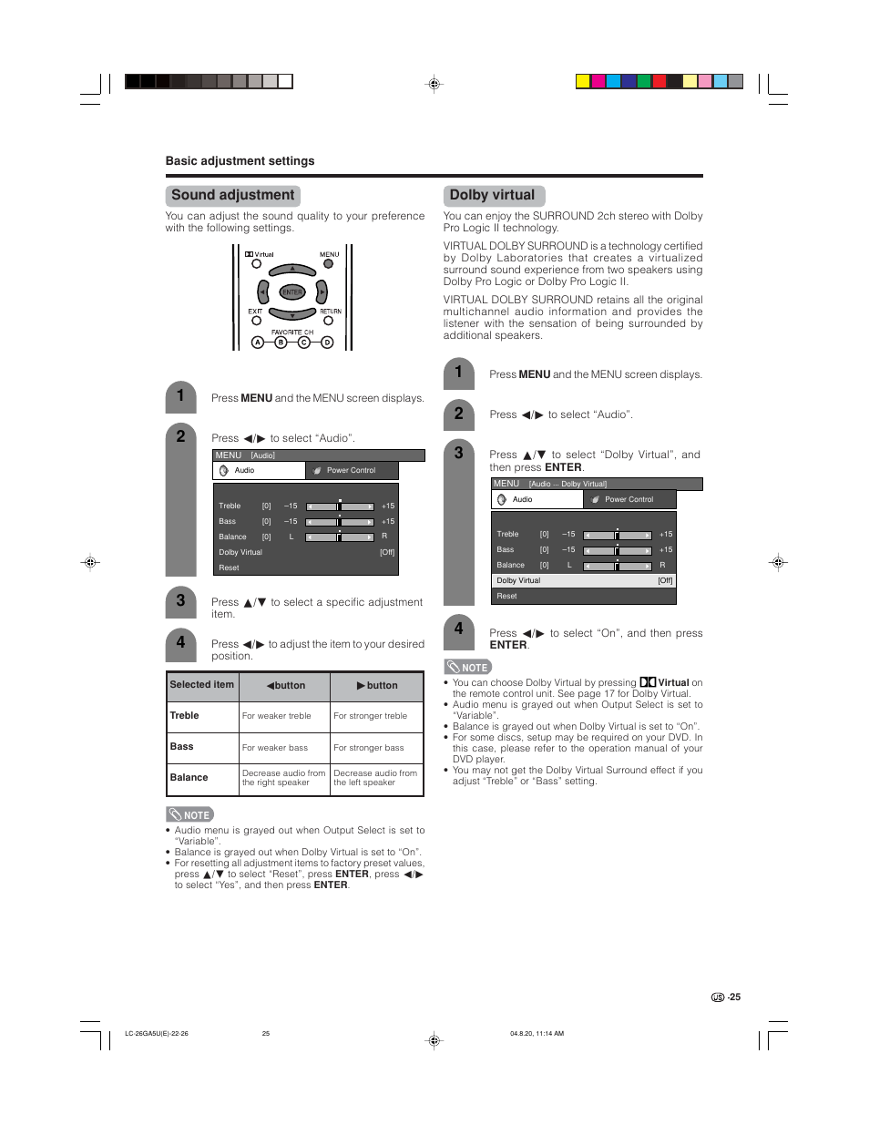 Sound adjustment, Dolby virtual | Sharp Aquos LC-26GA5U User Manual | Page 25 / 62