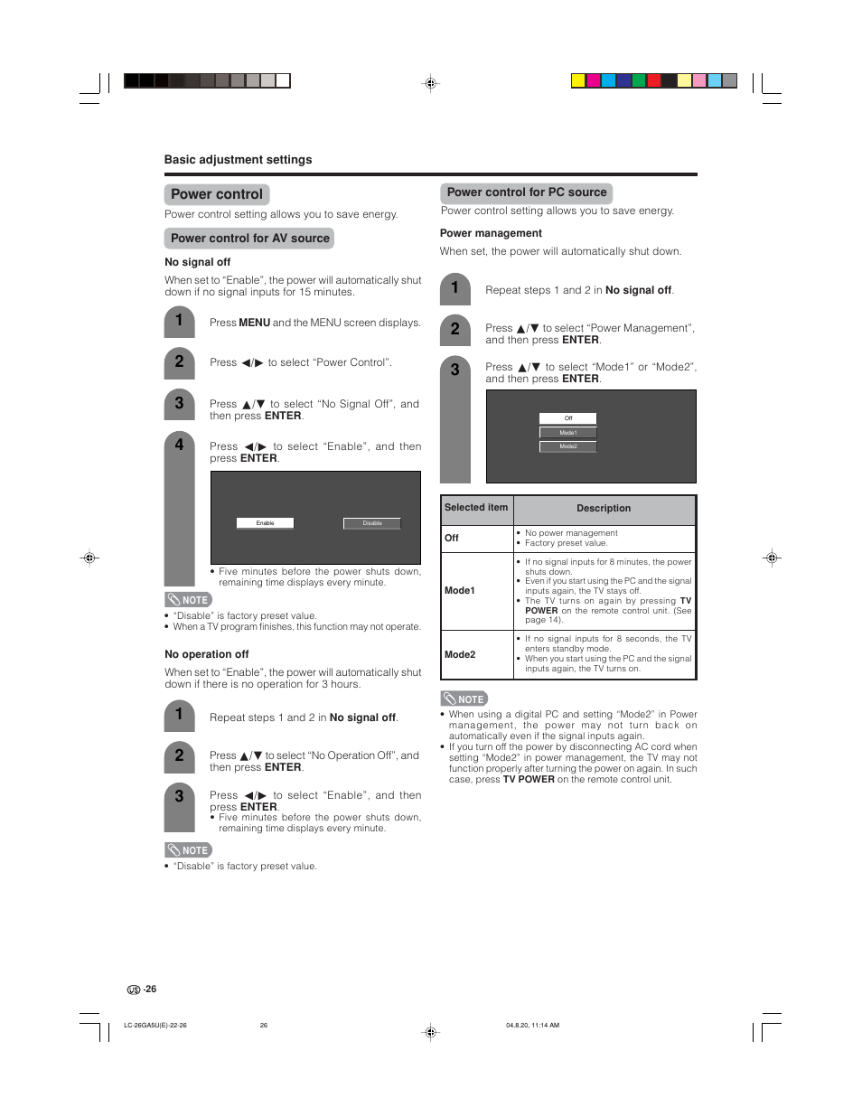 Power control | Sharp Aquos LC-26GA5U User Manual | Page 26 / 62