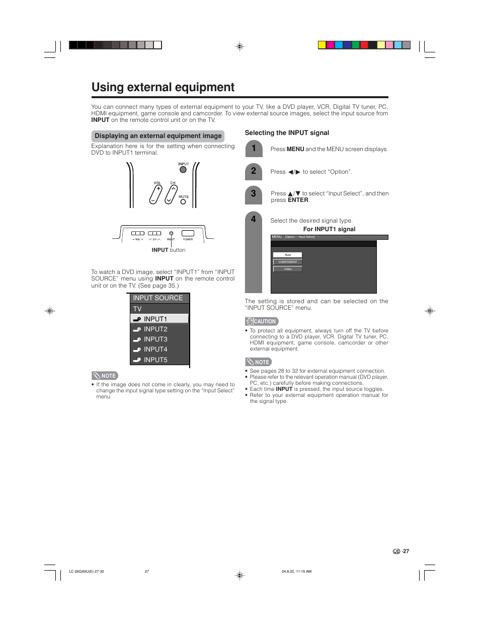 Using external equipment | Sharp Aquos LC-26GA5U User Manual | Page 27 / 62