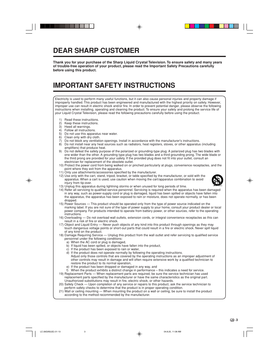 Dear sharp customer, Important safety instructions | Sharp Aquos LC-26GA5U User Manual | Page 3 / 62