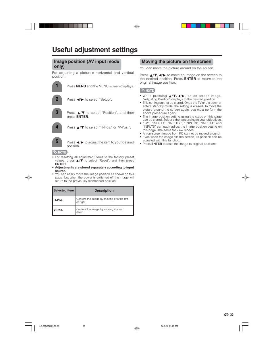 Useful adjustment settings, Image position (av input mode only), Moving the picture on the screen | Sharp Aquos LC-26GA5U User Manual | Page 33 / 62