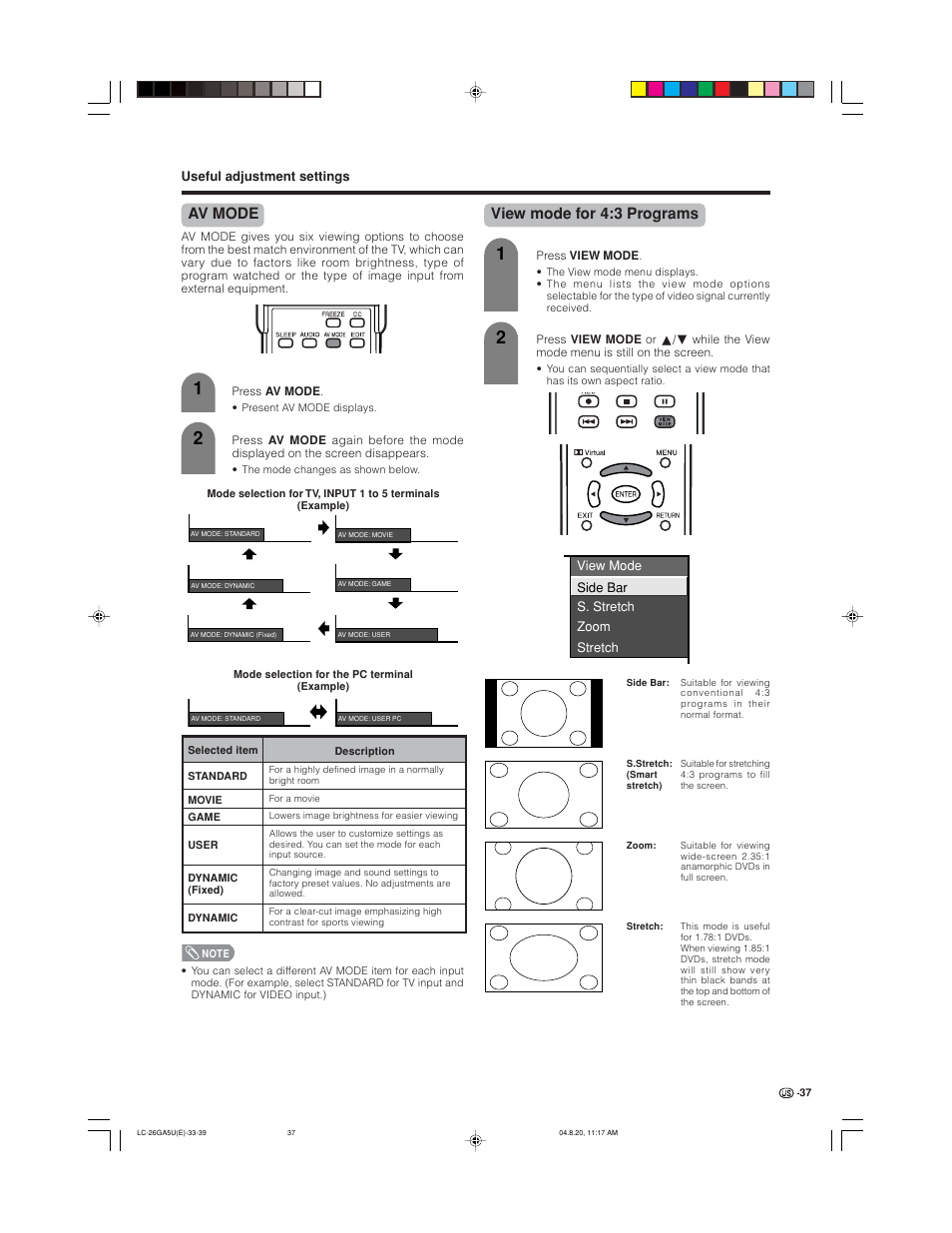 Av mode, View mode for 4:3 programs | Sharp Aquos LC-26GA5U User Manual | Page 37 / 62