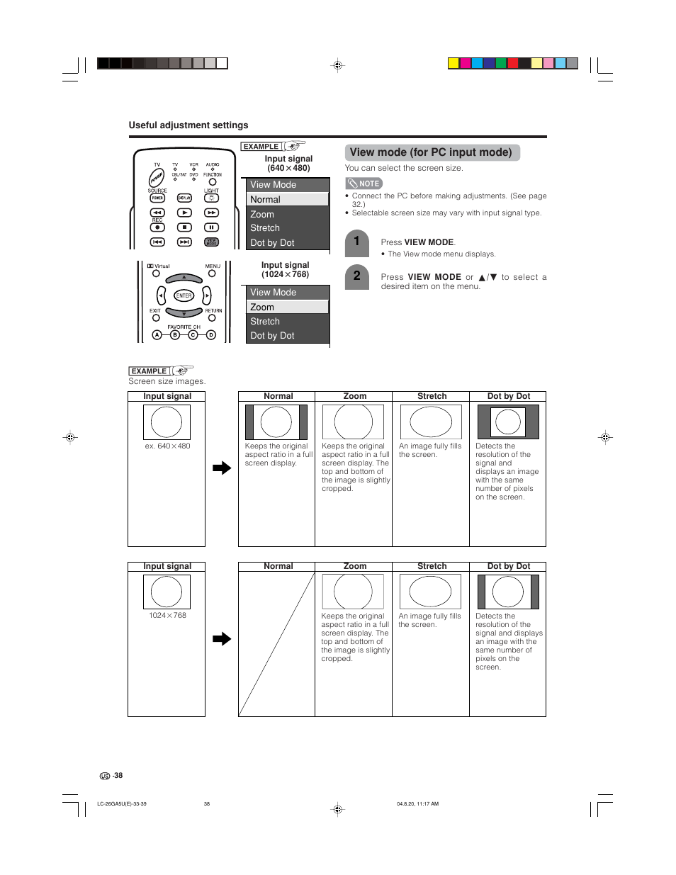 View mode (for pc input mode) | Sharp Aquos LC-26GA5U User Manual | Page 38 / 62