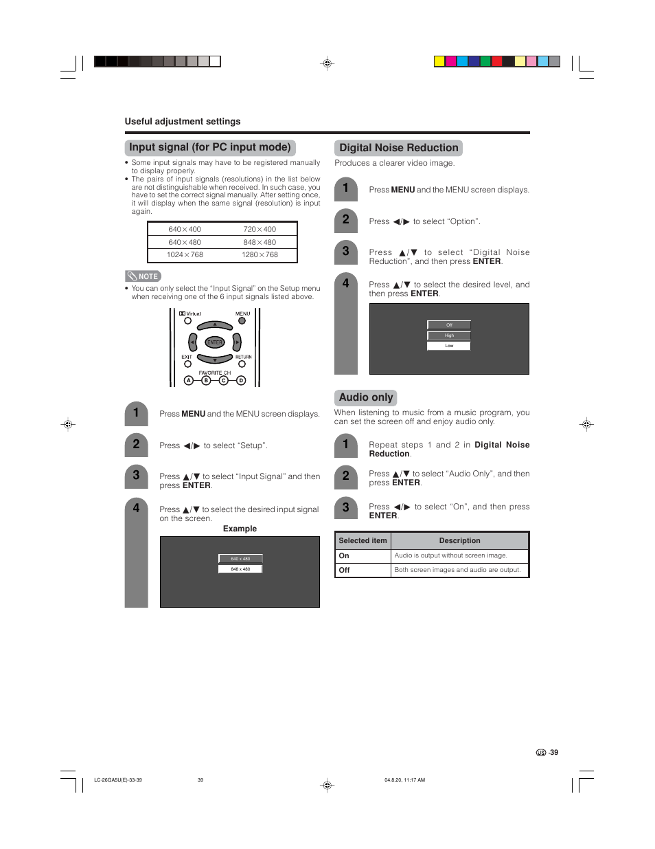 Input signal (for pc input mode), Digital noise reduction, Audio only | Sharp Aquos LC-26GA5U User Manual | Page 39 / 62