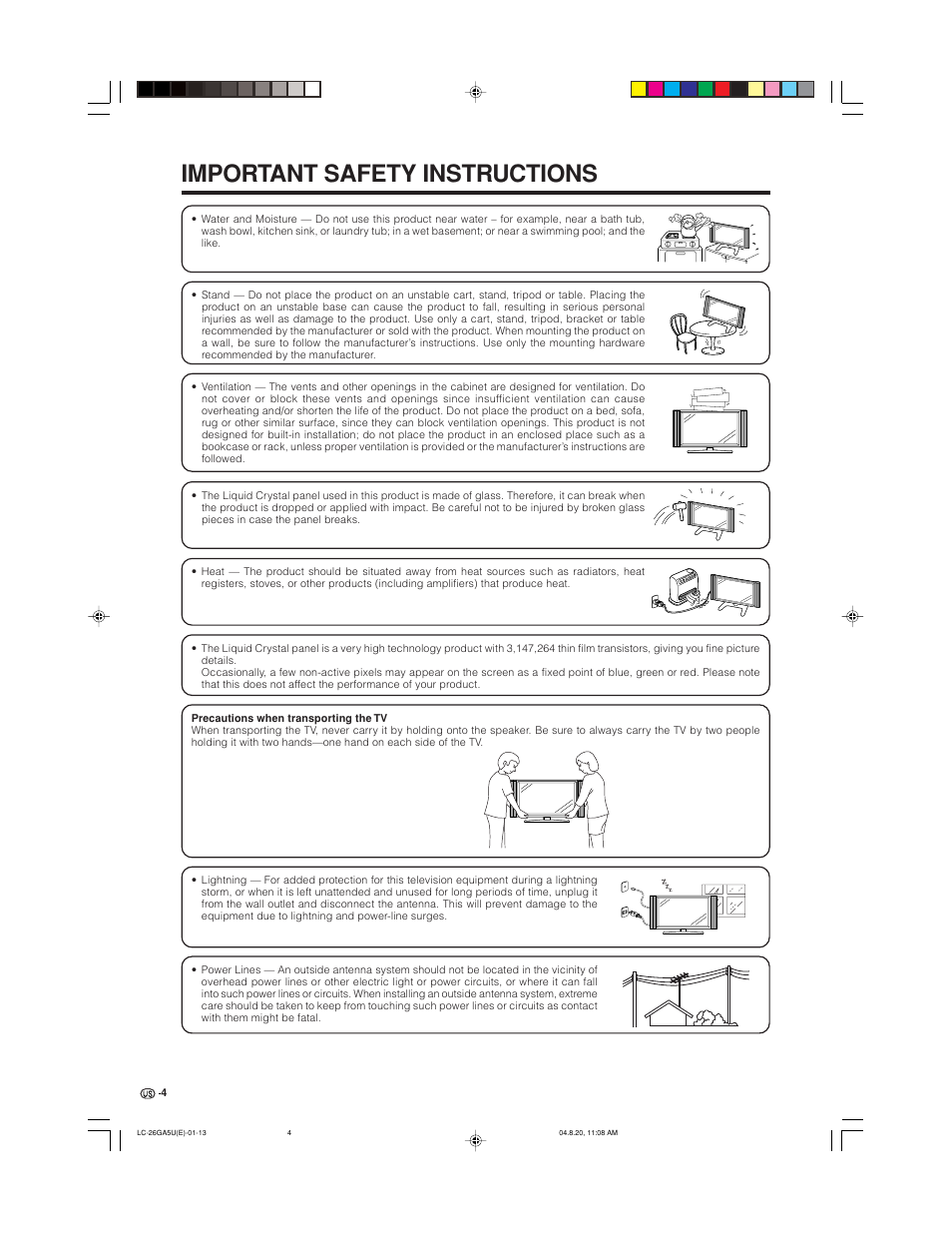 Important safety instructions | Sharp Aquos LC-26GA5U User Manual | Page 4 / 62