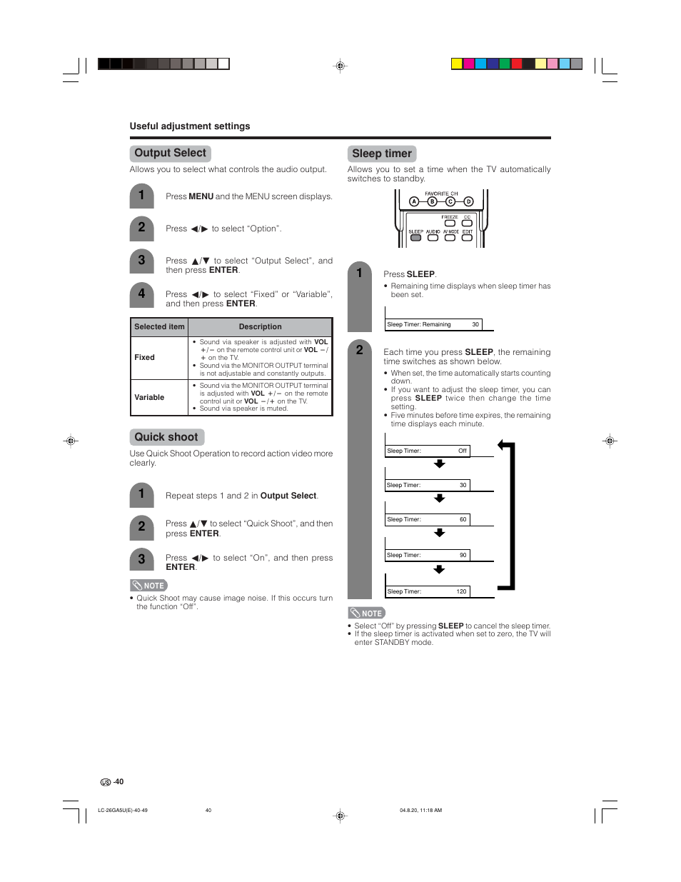 Output select, Quick shoot, Sleep timer | Sharp Aquos LC-26GA5U User Manual | Page 40 / 62