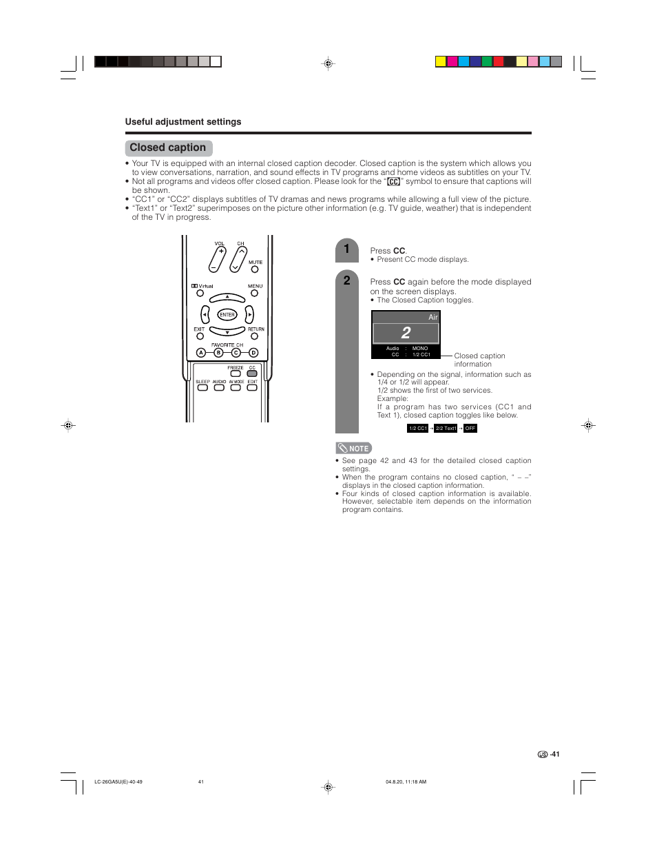 Closed caption | Sharp Aquos LC-26GA5U User Manual | Page 41 / 62