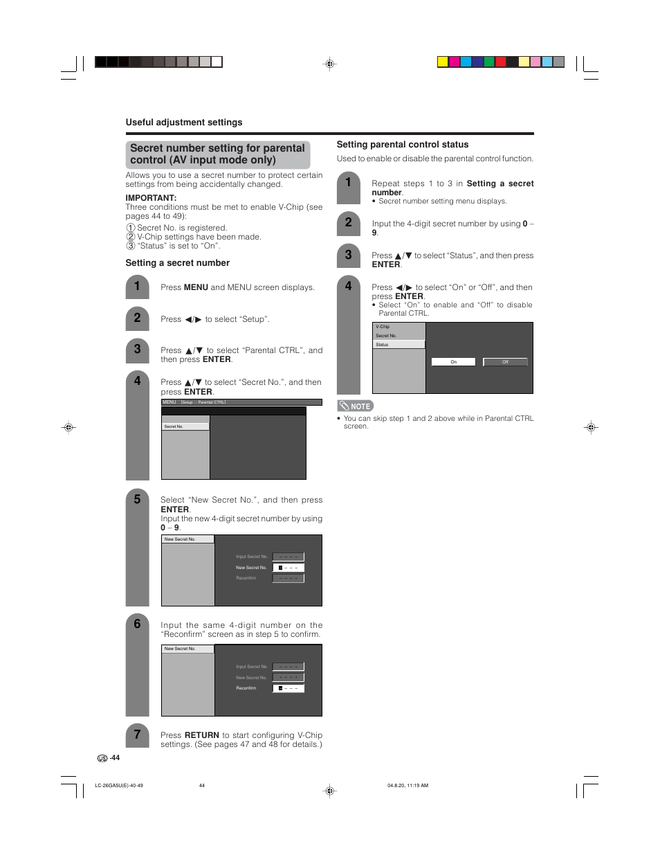 Useful adjustment settings, Setting parental control status, Setting a secret number | Sharp Aquos LC-26GA5U User Manual | Page 44 / 62