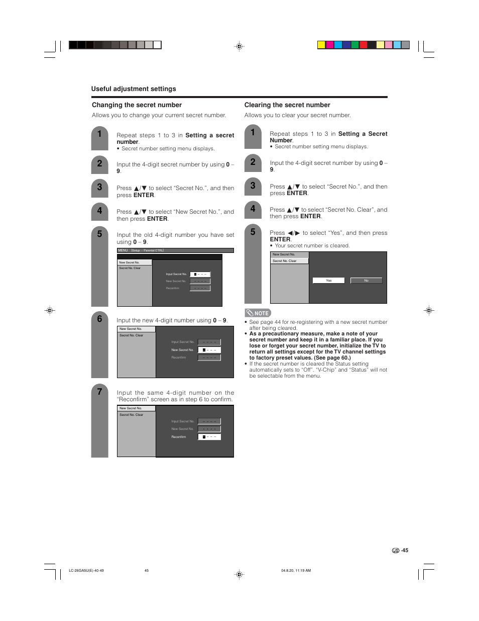 Clearing the secret number | Sharp Aquos LC-26GA5U User Manual | Page 45 / 62