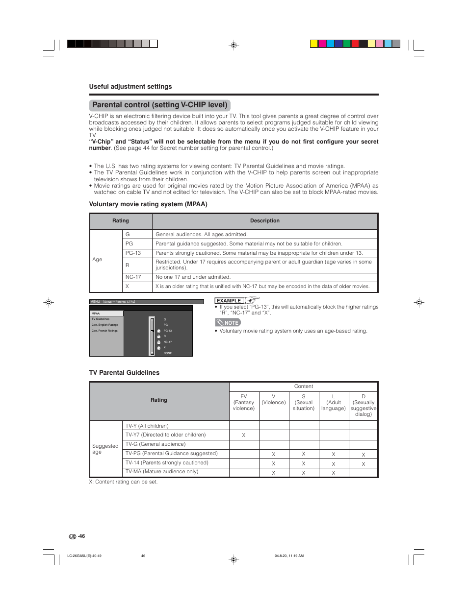 Parental control (setting v-chip level), Useful adjustment settings, Voluntary movie rating system (mpaa) | Tv parental guidelines | Sharp Aquos LC-26GA5U User Manual | Page 46 / 62