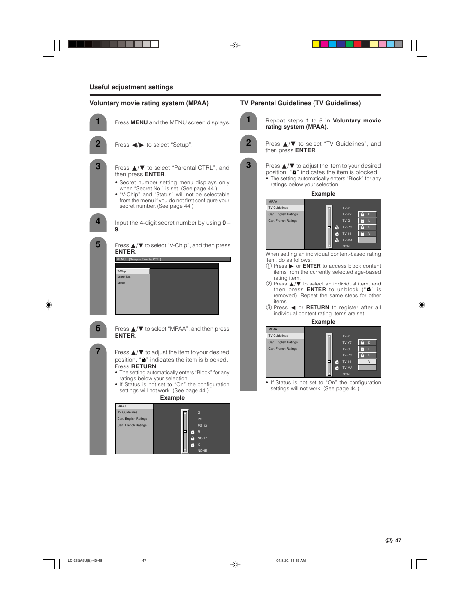 Tv parental guidelines (tv guidelines) | Sharp Aquos LC-26GA5U User Manual | Page 47 / 62