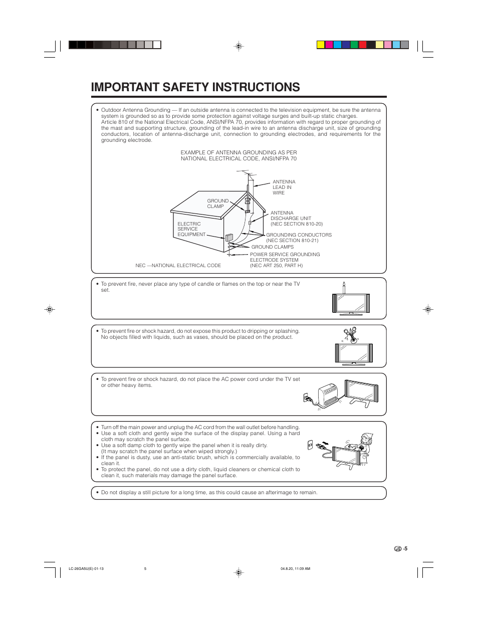 Important safety instructions | Sharp Aquos LC-26GA5U User Manual | Page 5 / 62