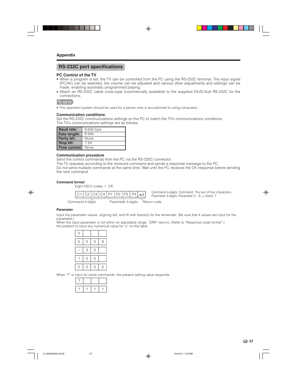 Rs-232c port specifications | Sharp Aquos LC-26GA5U User Manual | Page 57 / 62