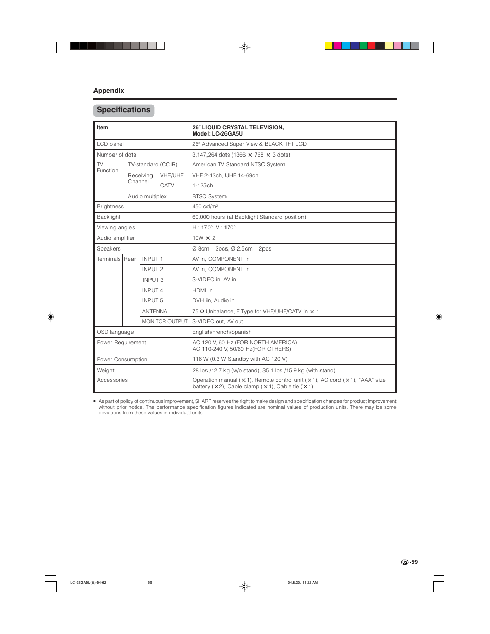 Specifications | Sharp Aquos LC-26GA5U User Manual | Page 59 / 62