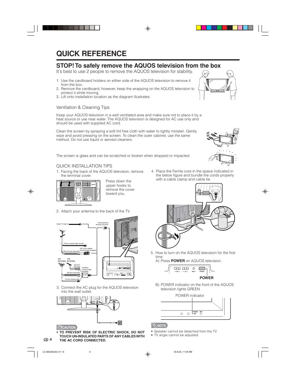 Quick reference, Ventilation & cleaning tips, Quick installation tips | Sharp Aquos LC-26GA5U User Manual | Page 6 / 62