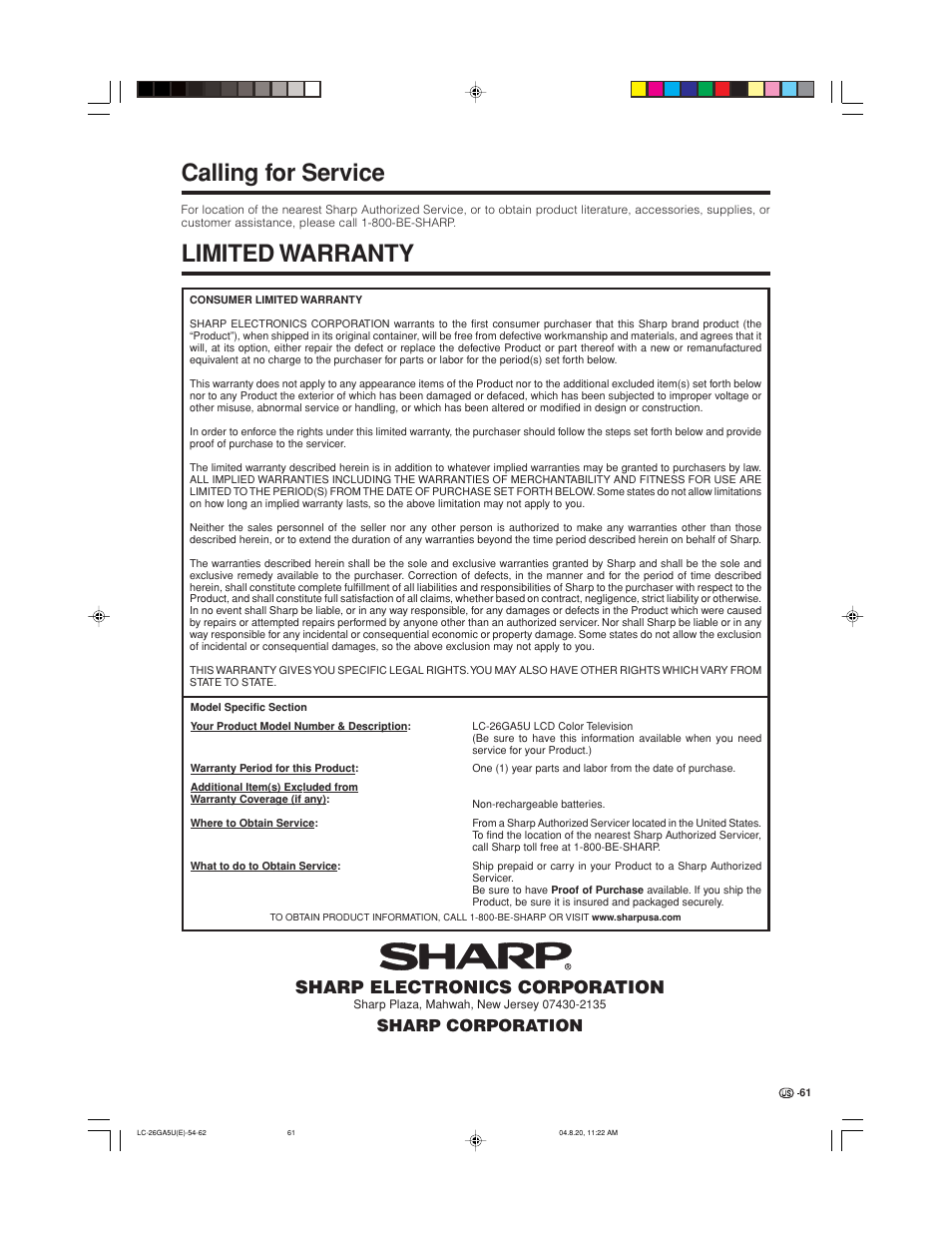 Calling for service, Limited warranty, Sharp electronics corporation | Sharp corporation | Sharp Aquos LC-26GA5U User Manual | Page 61 / 62