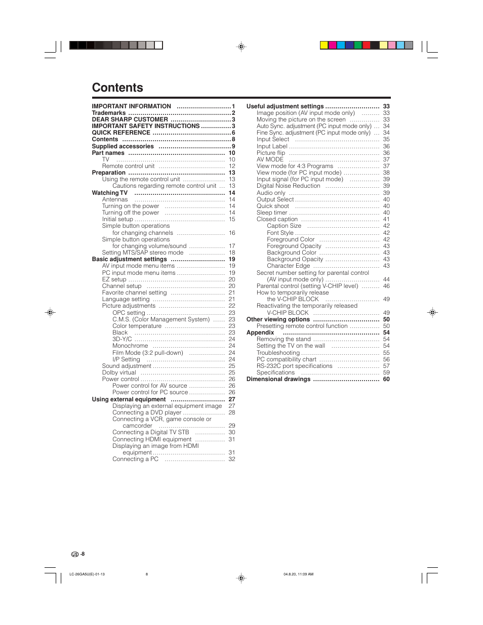 Sharp Aquos LC-26GA5U User Manual | Page 8 / 62