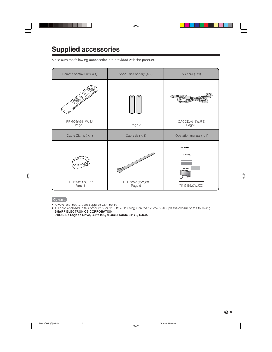 Supplied accessories | Sharp Aquos LC-26GA5U User Manual | Page 9 / 62