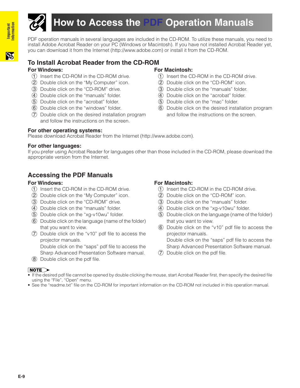 How to access the pdf operation manuals, How to access the pdf operation, Manuals | Ho w to access the pdf operation man uals | Sharp Conference Series XG-V10WU User Manual | Page 10 / 90